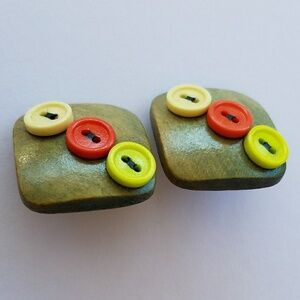 Vintage Clip Earrings Green Square with lime, orange & yellow buttons